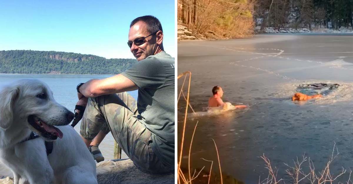 Este hombre y su perra saltaron a un lago helado para salvar a perritos atrapados