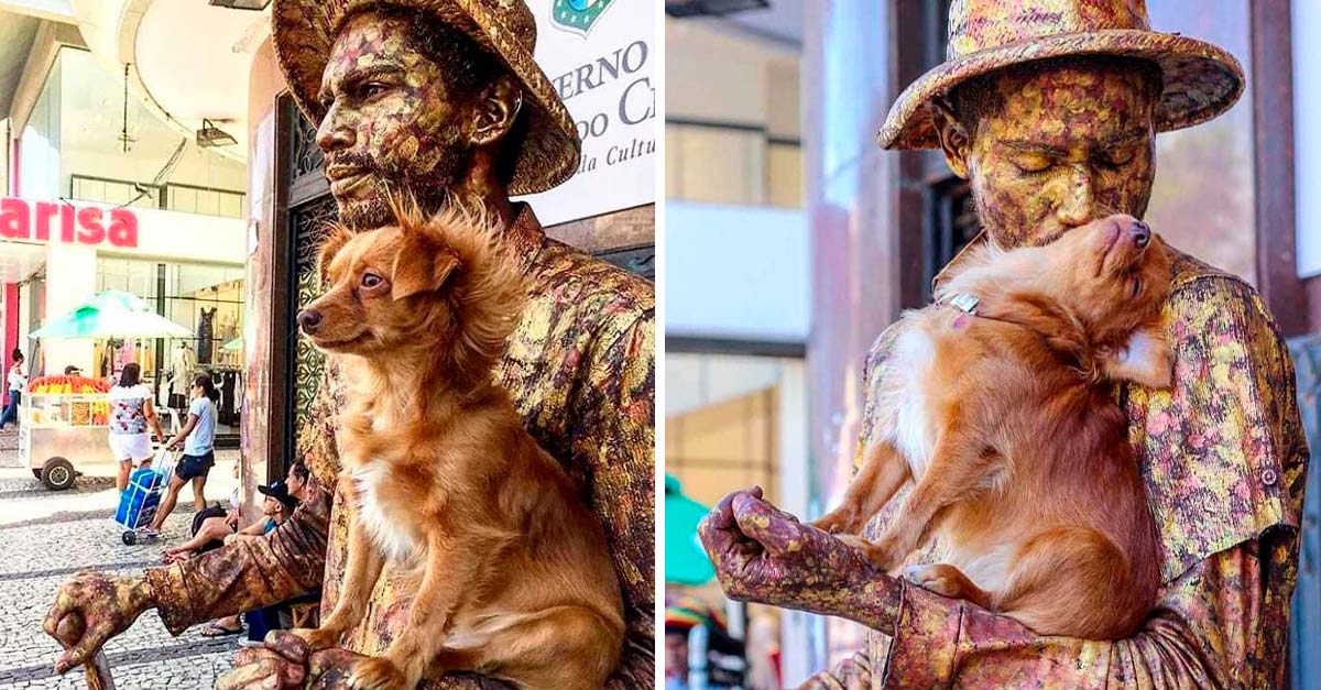 Esta perrita le ayuda a su papá artista callejero a ganar moneditas