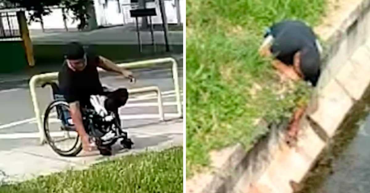 Hombre dejó su silla de ruedas y como pudo fue a ayudar a un gatito que se estaba ahogando